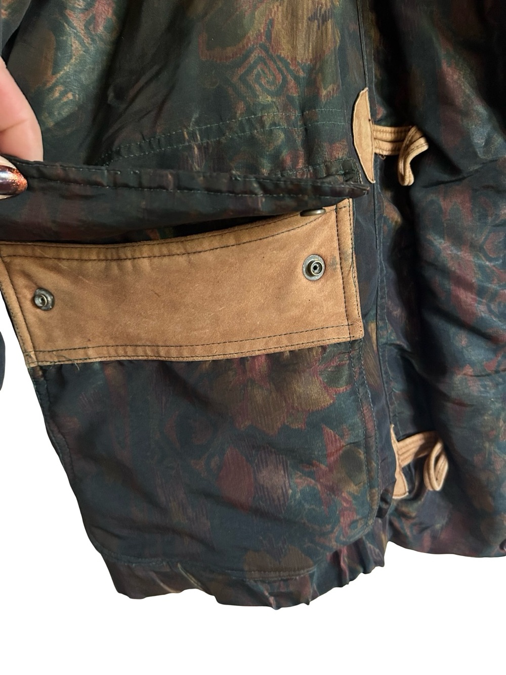 Vintage Forenza Puffer Lightweight Paisley Hooded Parka Leather Accents to Sz L - Picture 6 of 9